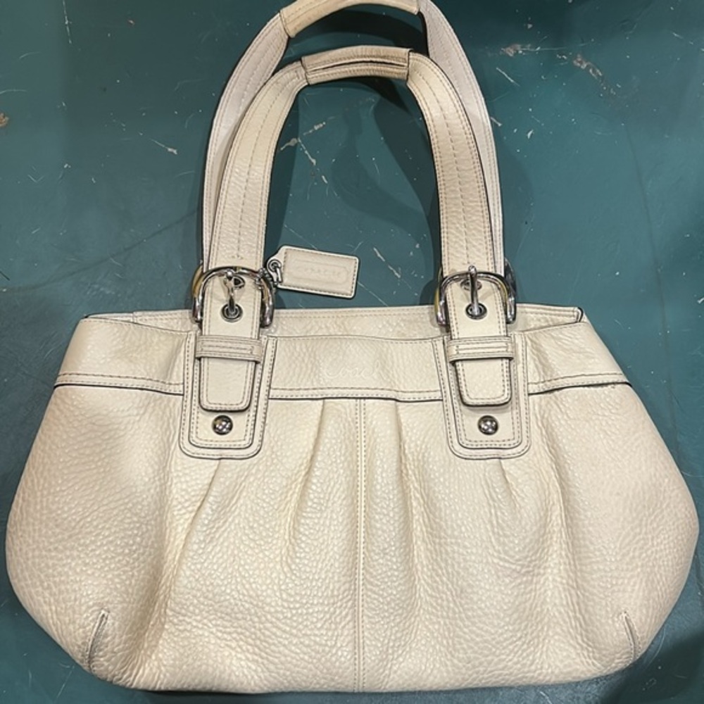 Coach large leather bag w/iconic buckles & charm